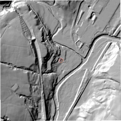 Shaded relief map of the ground around BL00QP, computed from Environment Agency LiDAR. The ground here sits at about 145 m above sea level and falls 57 m across the surrounding 800 m. Surface water reaching this point runs off ground lying to the west-north-west, 29.8 m higher.