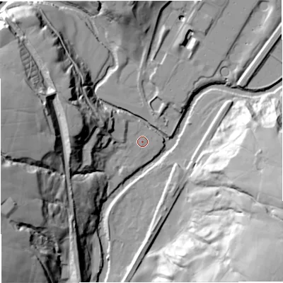 Shaded relief map of the ground around BL00QQ, computed from Environment Agency LiDAR. The ground here sits at about 143 m above sea level and falls 54 m across the surrounding 800 m. Surface water reaching this point runs off ground lying to the west-north-west, 14.0 m higher.