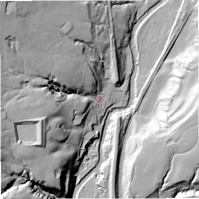 Shaded relief map of the ground around BL00QR, computed from Environment Agency LiDAR. The ground here sits at about 148 m above sea level and falls 73 m across the surrounding 800 m. Surface water reaching this point runs off ground lying to the north-west, 58.2 m higher.