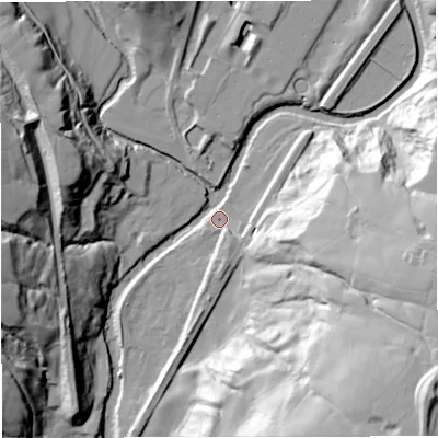 Shaded relief map of the ground around BL00QW, computed from Environment Agency LiDAR. The ground here sits at about 143 m above sea level and falls 61 m across the surrounding 800 m. Surface water reaching this point runs off ground lying to the east-south-east, 48.8 m higher.