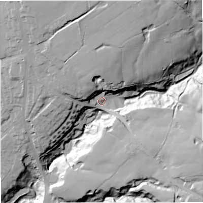 Shaded relief map of the ground around BL00RE, computed from Environment Agency LiDAR. The ground here sits at about 189 m above sea level and falls 79 m across the surrounding 800 m. Surface water reaching this point runs off ground lying to the north-east, 50.9 m higher.