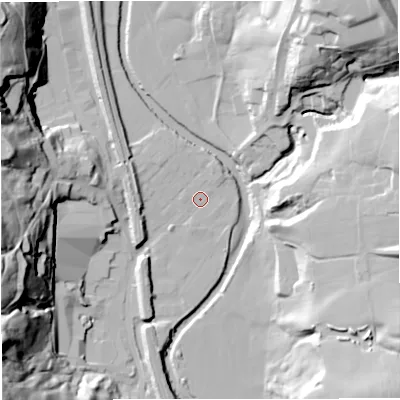 Shaded relief map of the ground around BL00SA, computed from Environment Agency LiDAR. The ground here sits at about 130 m above sea level and falls 56 m across the surrounding 800 m. Surface water reaching this point runs off ground lying to the north-north-east, 2.3 m higher.