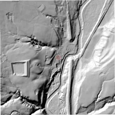 Shaded relief map of the ground around BL00SZ, computed from Environment Agency LiDAR. The ground here sits at about 149 m above sea level and falls 73 m across the surrounding 800 m. Surface water reaching this point runs off ground lying to the west, 35.3 m higher.