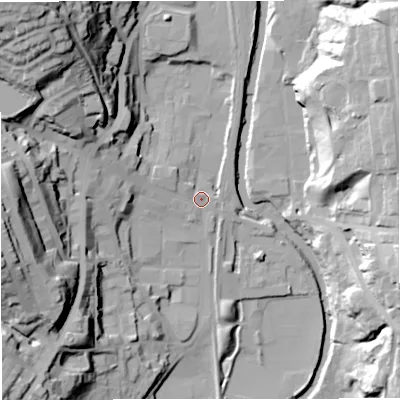 Shaded relief map of the ground around BL09AB, computed from Environment Agency LiDAR. The ground here sits at about 128 m above sea level and falls 50 m across the surrounding 800 m. Surface water reaching this point runs off ground lying to the west, 10.3 m higher.