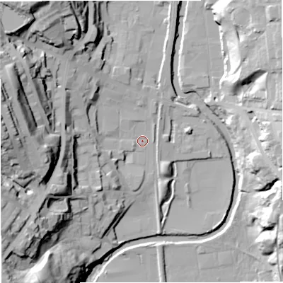 Shaded relief map of the ground around BL09AL, computed from Environment Agency LiDAR. The ground here sits at about 127 m above sea level and falls 47 m across the surrounding 800 m. Surface water reaching this point runs off ground lying to the west, 15.4 m higher.