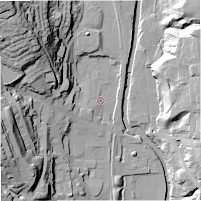 Shaded relief map of the ground around BL09BN, computed from Environment Agency LiDAR. The ground here sits at about 127 m above sea level and falls 57 m across the surrounding 800 m. Surface water reaching this point runs off ground lying to the south-west, 5.7 m higher.