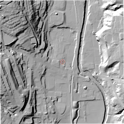 Shaded relief map of the ground around BL09BP, computed from Environment Agency LiDAR. The ground here sits at about 128 m above sea level and falls 54 m across the surrounding 800 m. Surface water reaching this point runs off ground lying to the west-south-west, 5.5 m higher.