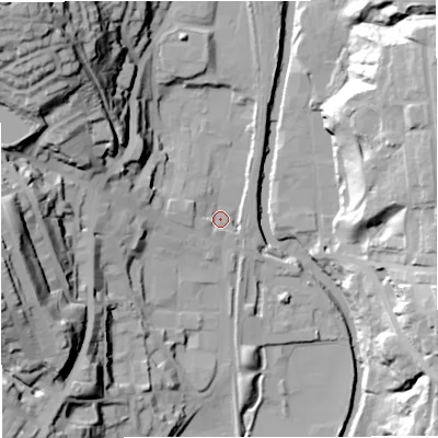 Shaded relief map of the ground around BL09BQ, computed from Environment Agency LiDAR. The ground here sits at about 127 m above sea level and falls 52 m across the surrounding 800 m. Surface water reaching this point runs off ground lying to the west-north-west, 5.5 m higher.