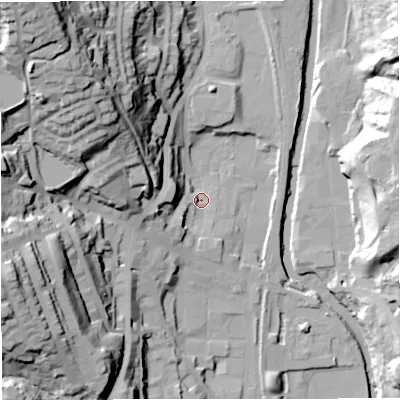 Shaded relief map of the ground around BL09BR, computed from Environment Agency LiDAR. The ground here sits at about 127 m above sea level and falls 61 m across the surrounding 800 m. Surface water reaching this point runs off ground lying to the north-west, 57.4 m higher.