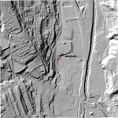 Shaded relief map of the ground around BL09BT, computed from Environment Agency LiDAR. The ground here sits at about 127 m above sea level and falls 68 m across the surrounding 800 m. Surface water reaching this point runs off ground lying to the north-west, 60.2 m higher.