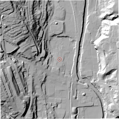 Shaded relief map of the ground around BL09BW, computed from Environment Agency LiDAR. The ground here sits at about 127 m above sea level and falls 60 m across the surrounding 800 m. Surface water reaching this point runs off ground lying to the south-south-west, 5.7 m higher.