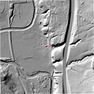 Shaded relief map of the ground around BL09LU, computed from Environment Agency LiDAR. The ground here sits at about 123 m above sea level and falls 69 m across the surrounding 800 m. Surface water reaching this point runs off ground lying to the east-north-east, 29.3 m higher.