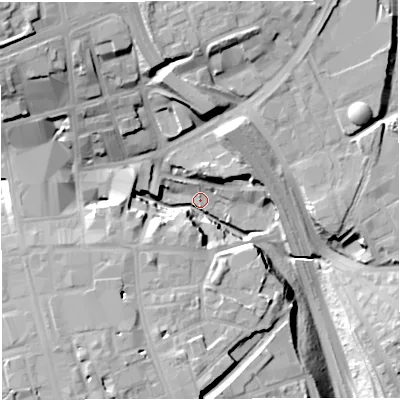 Shaded relief map of the ground around BL11TR, computed from Environment Agency LiDAR. The ground here sits at about 81 m above sea level and falls 25 m across the surrounding 800 m. Surface water reaching this point runs off ground lying to the north-west, 25.1 m higher.