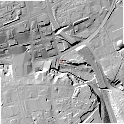 Shaded relief map of the ground around BL11TU, computed from Environment Agency LiDAR. The ground here sits at about 83 m above sea level and falls 26 m across the surrounding 800 m. Surface water reaching this point runs off ground lying to the north-west, 25.9 m higher.