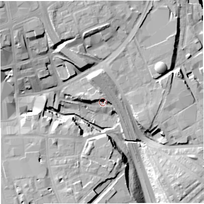 Shaded relief map of the ground around BL11TY, computed from Environment Agency LiDAR. The ground here sits at about 84 m above sea level and falls 26 m across the surrounding 800 m. Surface water reaching this point runs off ground lying to the north, 11.6 m higher.