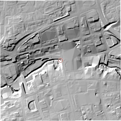 Shaded relief map of the ground around BL12AS, computed from Environment Agency LiDAR. The ground here sits at about 89 m above sea level and falls 28 m across the surrounding 800 m. Surface water reaching this point runs off ground lying to the south-south-west, 16.6 m higher.