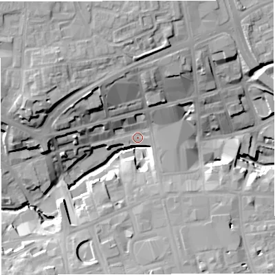 Shaded relief map of the ground around BL12AX, computed from Environment Agency LiDAR. The ground here sits at about 90 m above sea level and falls 28 m across the surrounding 800 m. Surface water reaching this point runs off ground lying to the south, 15.7 m higher.
