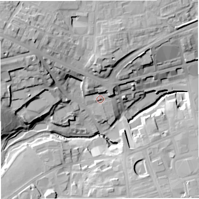 Shaded relief map of the ground around BL12AZ, computed from Environment Agency LiDAR. The ground here sits at about 93 m above sea level and falls 33 m across the surrounding 800 m. Surface water reaching this point runs off ground lying to the north-north-west, 9.4 m higher.