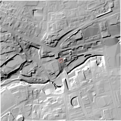 Shaded relief map of the ground around BL12BA, computed from Environment Agency LiDAR. The ground here sits at about 91 m above sea level and falls 32 m across the surrounding 800 m. Surface water reaching this point runs off ground lying to the north-west, 22.4 m higher.