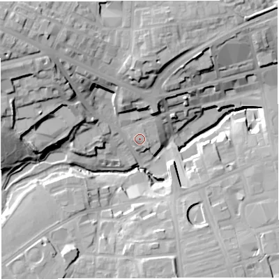 Shaded relief map of the ground around BL12BB, computed from Environment Agency LiDAR. The ground here sits at about 91 m above sea level and falls 33 m across the surrounding 800 m. Surface water reaching this point runs off ground lying to the north-north-east, 0.7 m higher.