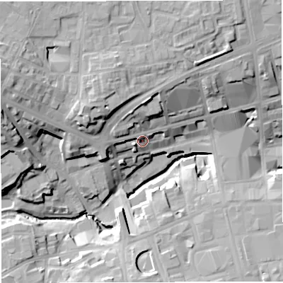 Shaded relief map of the ground around BL12BY, computed from Environment Agency LiDAR. The ground here sits at about 94 m above sea level and falls 29 m across the surrounding 800 m. Surface water reaching this point runs off ground lying to the north-north-west, 10.2 m higher.