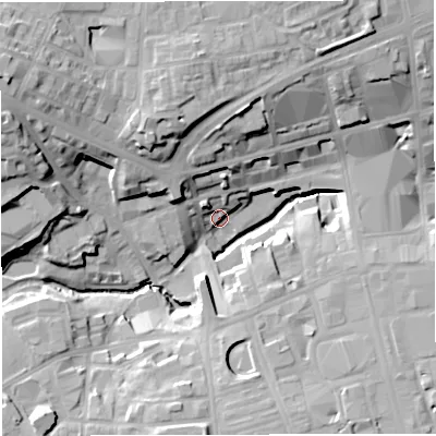 Shaded relief map of the ground around BL12JS, computed from Environment Agency LiDAR. The ground here sits at about 88 m above sea level and falls 30 m across the surrounding 800 m. Surface water reaching this point runs off ground lying to the west-north-west, 30.4 m higher.