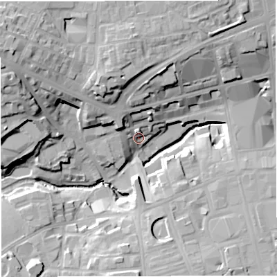 Shaded relief map of the ground around BL12JU, computed from Environment Agency LiDAR. The ground here sits at about 89 m above sea level and falls 31 m across the surrounding 800 m. Surface water reaching this point runs off ground lying to the north-west, 26.0 m higher.