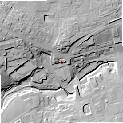 Shaded relief map of the ground around BL12PB, computed from Environment Agency LiDAR. The ground here sits at about 97 m above sea level and falls 33 m across the surrounding 800 m. Surface water reaching this point runs off ground lying to the north-west, 9.0 m higher.