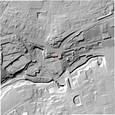 Shaded relief map of the ground around BL12PF, computed from Environment Agency LiDAR. The ground here sits at about 94 m above sea level and falls 32 m across the surrounding 800 m. Surface water reaching this point runs off ground lying to the north-north-west, 6.5 m higher.