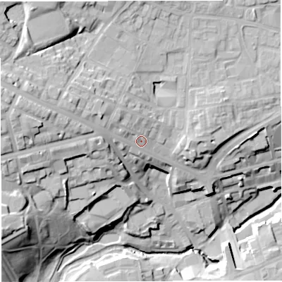 Shaded relief map of the ground around BL12PH, computed from Environment Agency LiDAR. The ground here sits at about 105 m above sea level and falls 36 m across the surrounding 800 m. Surface water reaching this point runs off ground lying to the west-north-west, 7.6 m higher.