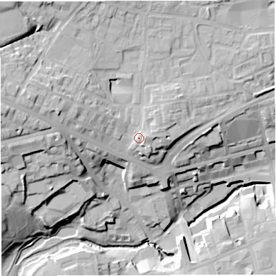Shaded relief map of the ground around BL12PP, computed from Environment Agency LiDAR. The ground here sits at about 104 m above sea level and falls 34 m across the surrounding 800 m. Surface water reaching this point runs off ground lying to the north-west, 12.8 m higher.