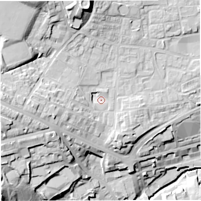 Shaded relief map of the ground around BL12PT, computed from Environment Agency LiDAR. The ground here sits at about 103 m above sea level and falls 41 m across the surrounding 800 m. Surface water reaching this point runs off ground lying to the north, 18.7 m higher.
