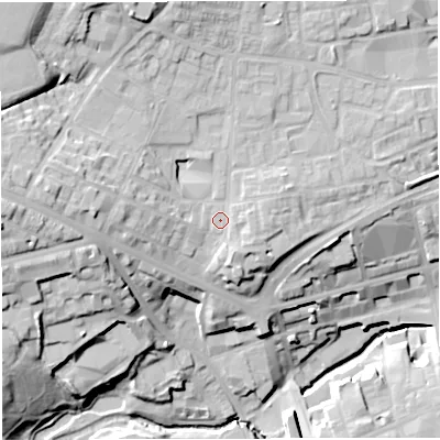 Shaded relief map of the ground around BL12QB, computed from Environment Agency LiDAR. The ground here sits at about 104 m above sea level and falls 34 m across the surrounding 800 m. Surface water reaching this point runs off ground lying to the north-west, 13.3 m higher.