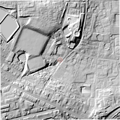 Shaded relief map of the ground around BL12QE, computed from Environment Agency LiDAR. The ground here sits at about 108 m above sea level and falls 29 m across the surrounding 800 m. Surface water reaching this point runs off ground lying to the north-north-west, 19.4 m higher.