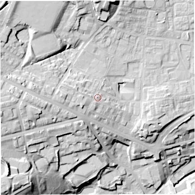 Shaded relief map of the ground around BL12QG, computed from Environment Agency LiDAR. The ground here sits at about 109 m above sea level and falls 41 m across the surrounding 800 m. Surface water reaching this point runs off ground lying to the west, 4.6 m higher.