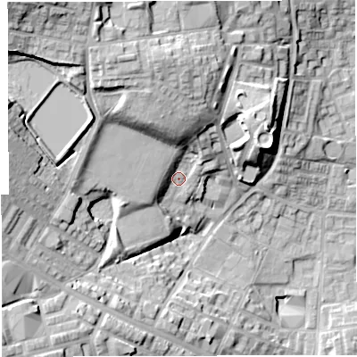 Shaded relief map of the ground around BL12QN, computed from Environment Agency LiDAR. The ground here sits at about 112 m above sea level and falls 31 m across the surrounding 800 m. Surface water reaching this point runs off ground lying to the north-north-west, 15.6 m higher.