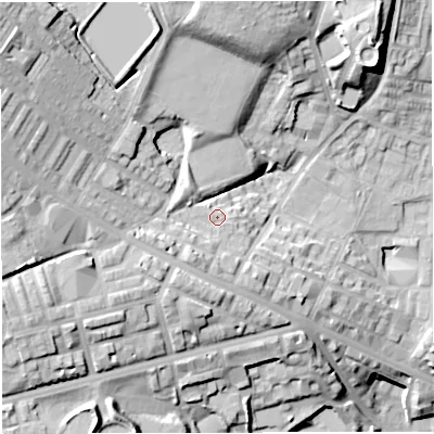 Shaded relief map of the ground around BL12QQ, computed from Environment Agency LiDAR. The ground here sits at about 112 m above sea level and falls 38 m across the surrounding 800 m. Surface water reaching this point runs off ground lying to the west-south-west, 4.8 m higher.