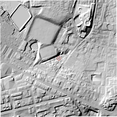 Shaded relief map of the ground around BL12QY, computed from Environment Agency LiDAR. The ground here sits at about 108 m above sea level and falls 34 m across the surrounding 800 m. Surface water reaching this point runs off ground lying to the north-west, 20.3 m higher.