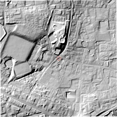 Shaded relief map of the ground around BL12RB, computed from Environment Agency LiDAR. The ground here sits at about 108 m above sea level and falls 30 m across the surrounding 800 m. Surface water reaching this point runs off ground lying to the north-north-east, 14.3 m higher.
