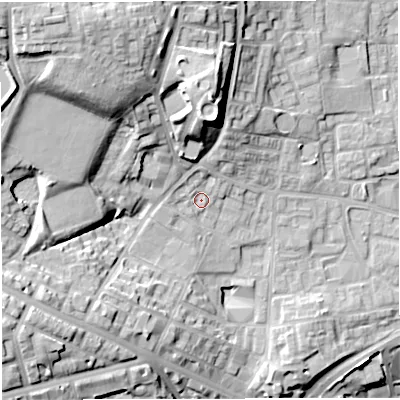 Shaded relief map of the ground around BL12RG, computed from Environment Agency LiDAR. The ground here sits at about 107 m above sea level and falls 32 m across the surrounding 800 m. Surface water reaching this point runs off ground lying to the north, 2.9 m higher.