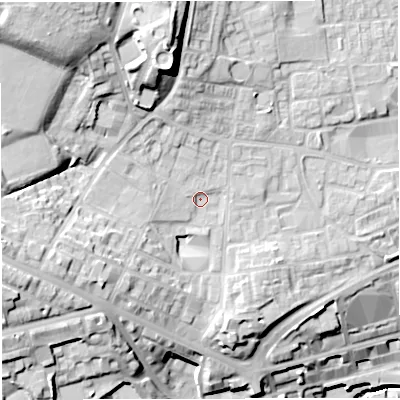 Shaded relief map of the ground around BL12RR, computed from Environment Agency LiDAR. The ground here sits at about 104 m above sea level and falls 43 m across the surrounding 800 m. Surface water reaching this point runs off ground lying to the north-west, 20.7 m higher.
