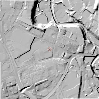 Shaded relief map of the ground around BL12TG, computed from Environment Agency LiDAR. The ground here sits at about 95 m above sea level and falls 31 m across the surrounding 800 m. Surface water reaching this point runs off ground lying to the west-south-west, 0.7 m higher.
