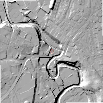 Shaded relief map of the ground around BL12TU, computed from Environment Agency LiDAR. The ground here sits at about 82 m above sea level and falls 34 m across the surrounding 800 m. Surface water reaching this point runs off ground lying to the west-south-west, 5.6 m higher.