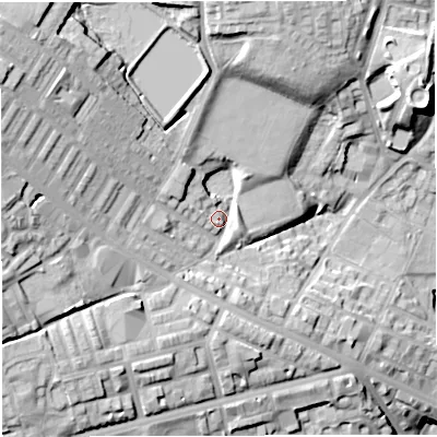 Shaded relief map of the ground around BL13AF, computed from Environment Agency LiDAR. The ground here sits at about 114 m above sea level and falls 38 m across the surrounding 800 m. Surface water reaching this point runs off ground lying to the west-north-west, 21.0 m higher.