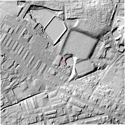 Shaded relief map of the ground around BL13AQ, computed from Environment Agency LiDAR. The ground here sits at about 115 m above sea level and falls 31 m across the surrounding 800 m. Surface water reaching this point runs off ground lying to the north-north-west, 22.1 m higher.