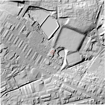 Shaded relief map of the ground around BL13AW, computed from Environment Agency LiDAR. The ground here sits at about 118 m above sea level and falls 32 m across the surrounding 800 m. Surface water reaching this point runs off ground lying to the west-north-west, 16.9 m higher.