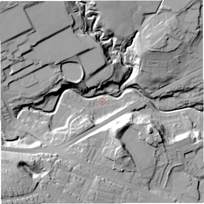 Shaded relief map of the ground around BL13LU, computed from Environment Agency LiDAR. The ground here sits at about 119 m above sea level and falls 55 m across the surrounding 800 m. Surface water reaching this point runs off ground lying to the north-west, 37.0 m higher.