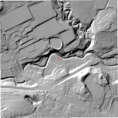Shaded relief map of the ground around BL13LX, computed from Environment Agency LiDAR. The ground here sits at about 121 m above sea level and falls 58 m across the surrounding 800 m. Surface water reaching this point runs off ground lying to the north-west, 42.8 m higher.