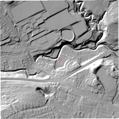 Shaded relief map of the ground around BL13LY, computed from Environment Agency LiDAR. The ground here sits at about 124 m above sea level and falls 59 m across the surrounding 800 m. Surface water reaching this point runs off ground lying to the north-west, 40.5 m higher.