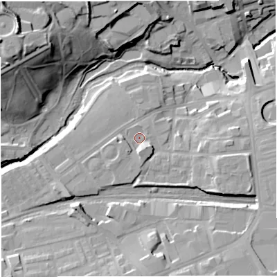 Shaded relief map of the ground around BL14AG, computed from Environment Agency LiDAR. The ground here sits at about 94 m above sea level and falls 37 m across the surrounding 800 m. Surface water reaching this point runs off ground lying to the south-east, 3.5 m higher.